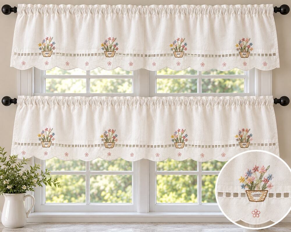 Embroidered Window Valances Scalloped Cutwork White 2 Panel Set Floral 60x13